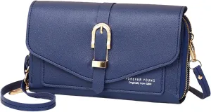 Fashion Classic Women's Mobile Phone Bags Snap Button Hood One Shoulder Double Layer Wallet Crossbody (Blue, One Size)