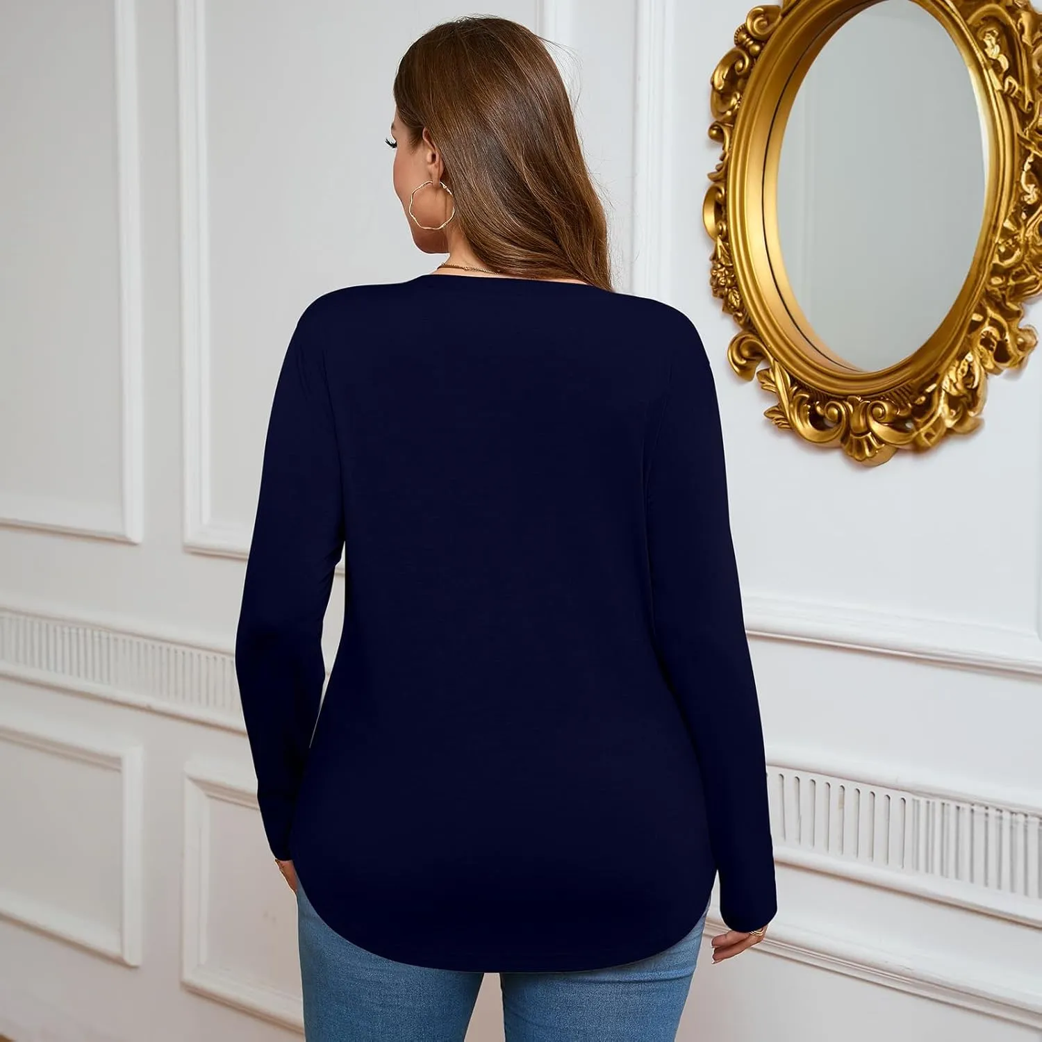 Ficerd 3 Pack Women's Plus Size T-Shirts, V Neck Long Sleeve Blouse Shirts Loose Fit Curved Hem Tees Casual Swing Tunic Tops