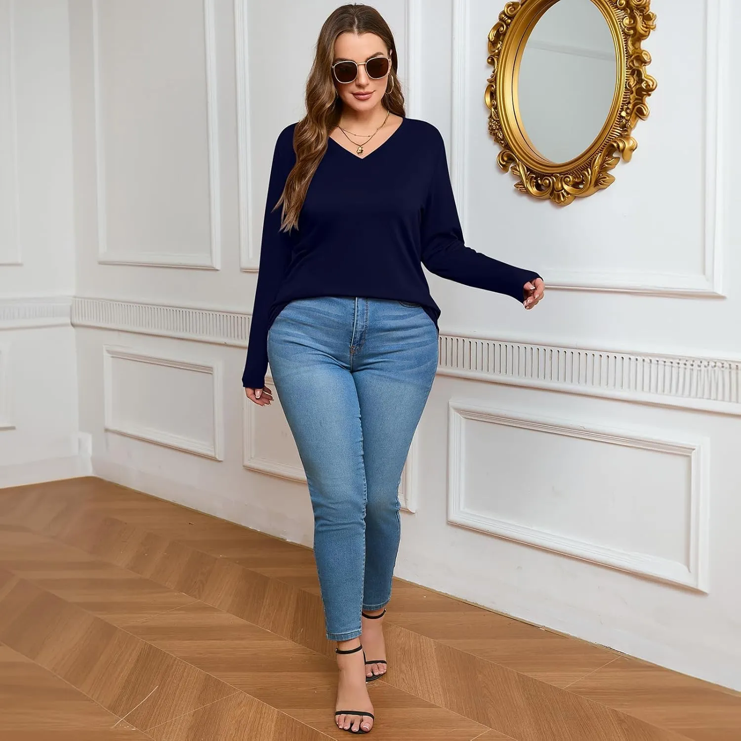 Ficerd 3 Pack Women's Plus Size T-Shirts, V Neck Long Sleeve Blouse Shirts Loose Fit Curved Hem Tees Casual Swing Tunic Tops
