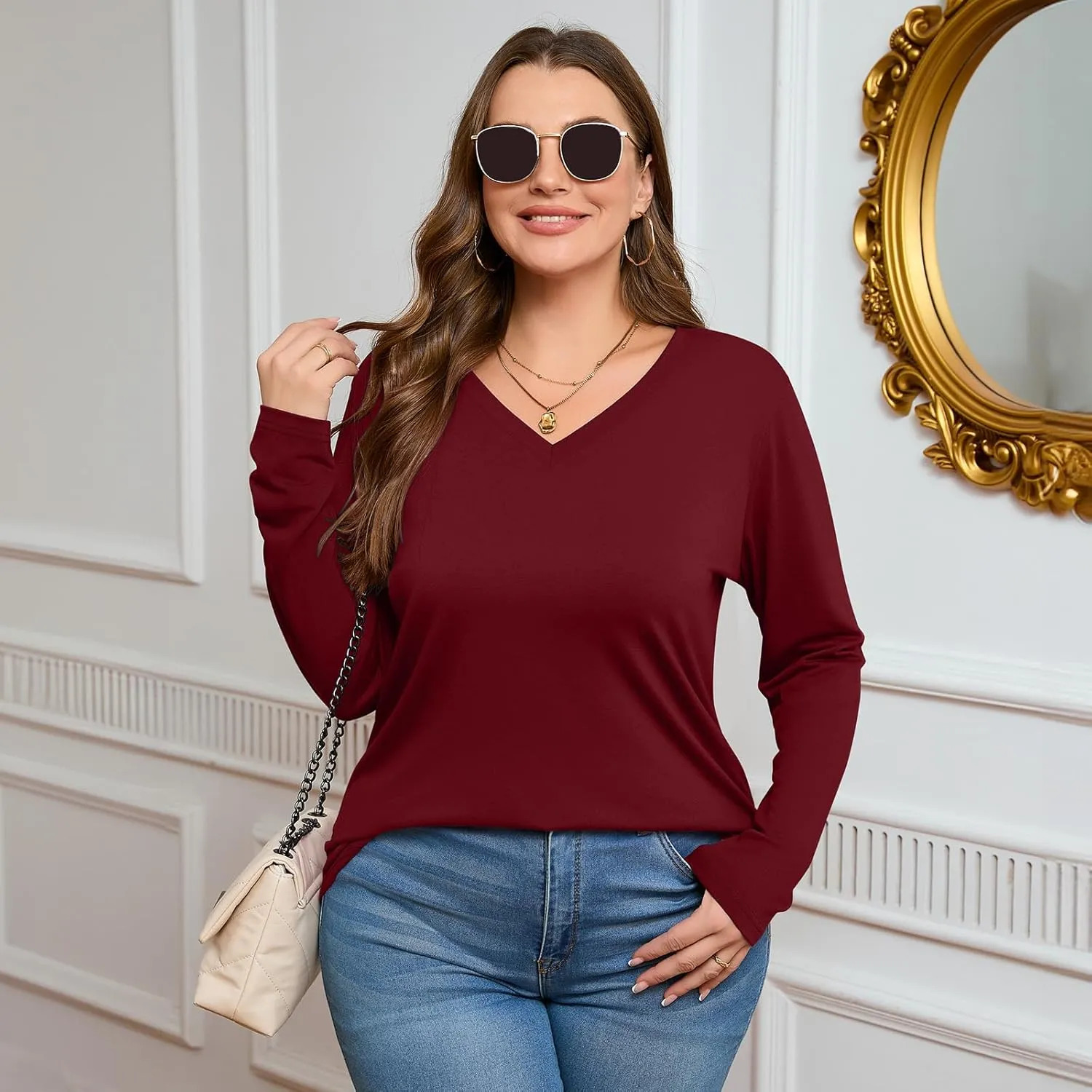 Ficerd 3 Pack Women's Plus Size T-Shirts, V Neck Long Sleeve Blouse Shirts Loose Fit Curved Hem Tees Casual Swing Tunic Tops