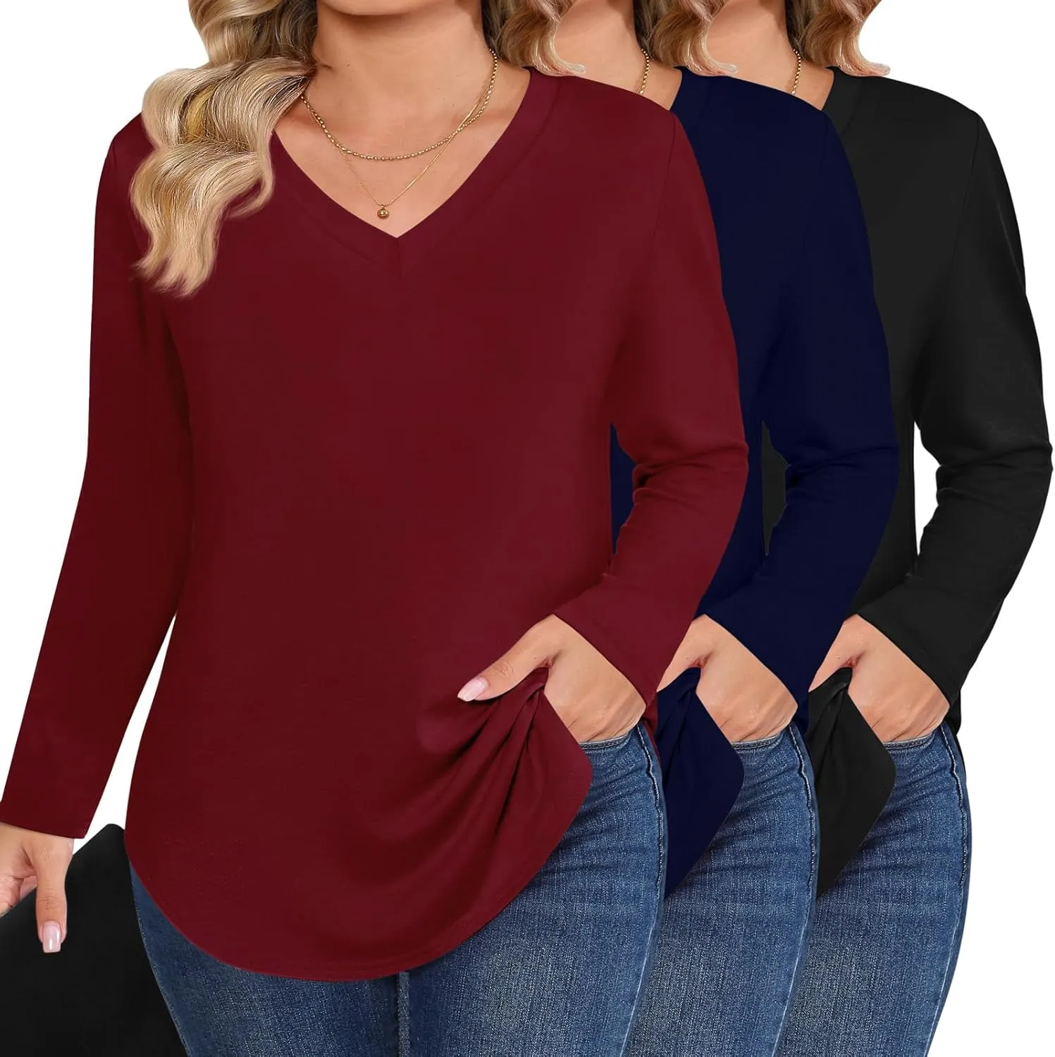 Ficerd 3 Pack Women's Plus Size T-Shirts, V Neck Long Sleeve Blouse Shirts Loose Fit Curved Hem Tees Casual Swing Tunic Tops