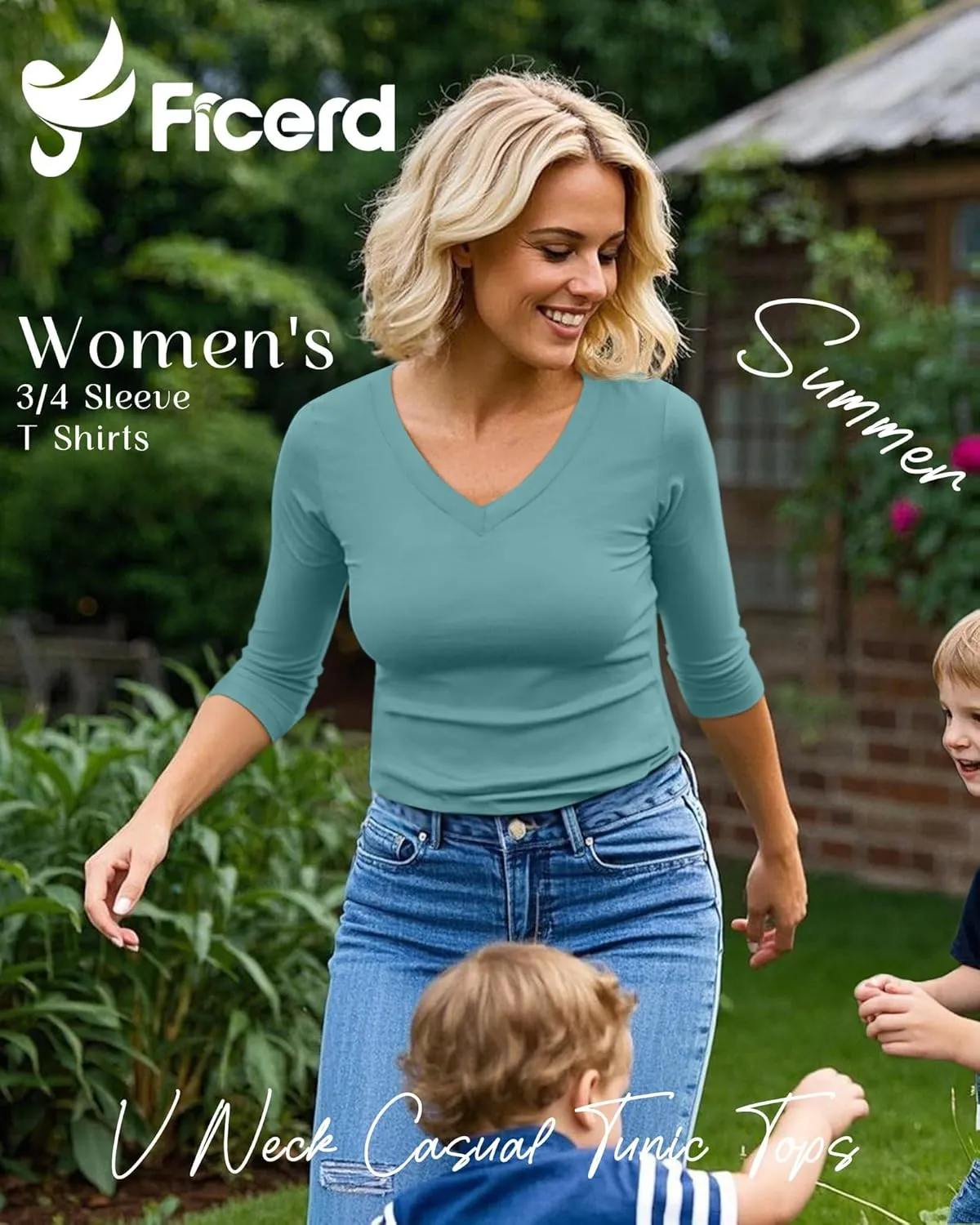 Ficerd 4 Pack Women's 3/4 Sleeve T Shirts, V Neck Casual Tunic Tops Loose Fit Cotton Shirts Solid Color Summer Tees