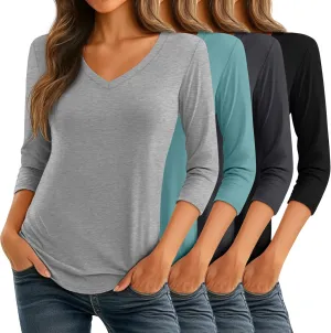 Ficerd 4 Pack Women's 3/4 Sleeve T Shirts, V Neck Casual Tunic Tops Loose Fit Cotton Shirts Solid Color Summer Tees
