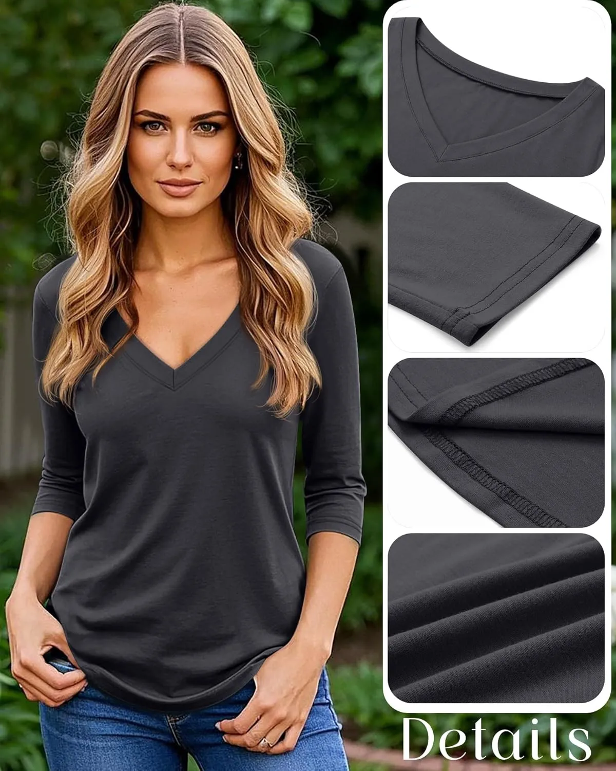 Ficerd 4 Pack Women's 3/4 Sleeve T Shirts, V Neck Casual Tunic Tops Loose Fit Cotton Shirts Solid Color Summer Tees