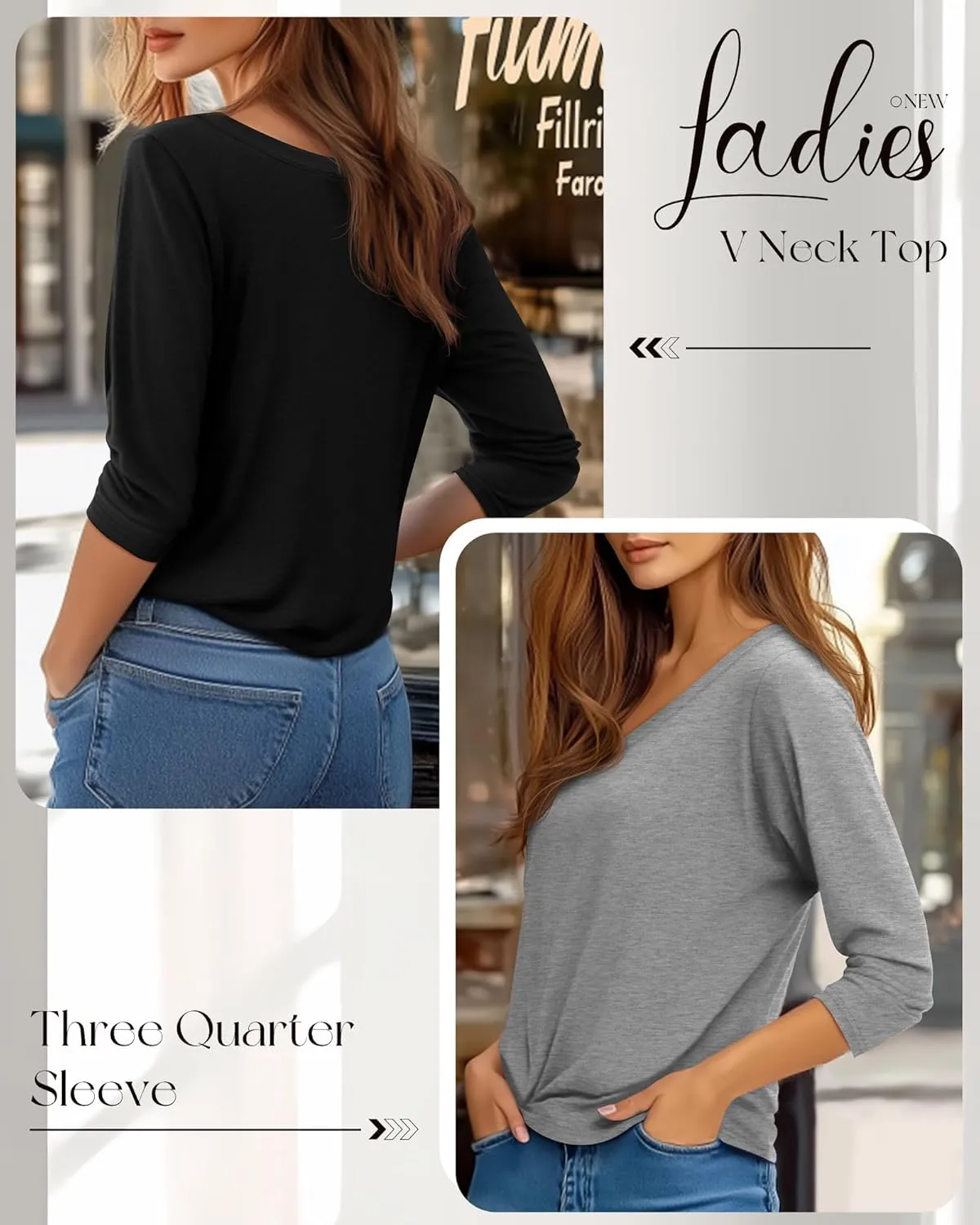 Ficerd 4 Pack Women's 3/4 Sleeve T Shirts, V Neck Casual Tunic Tops Loose Fit Cotton Shirts Solid Color Summer Tees