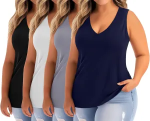 Ficerd 4 Pack Women's Plus Size Tank Tops, Cotton Blend Casual V Neck Sleeveless Shirts Ladies Flowy Dressy Tunics Work Tees