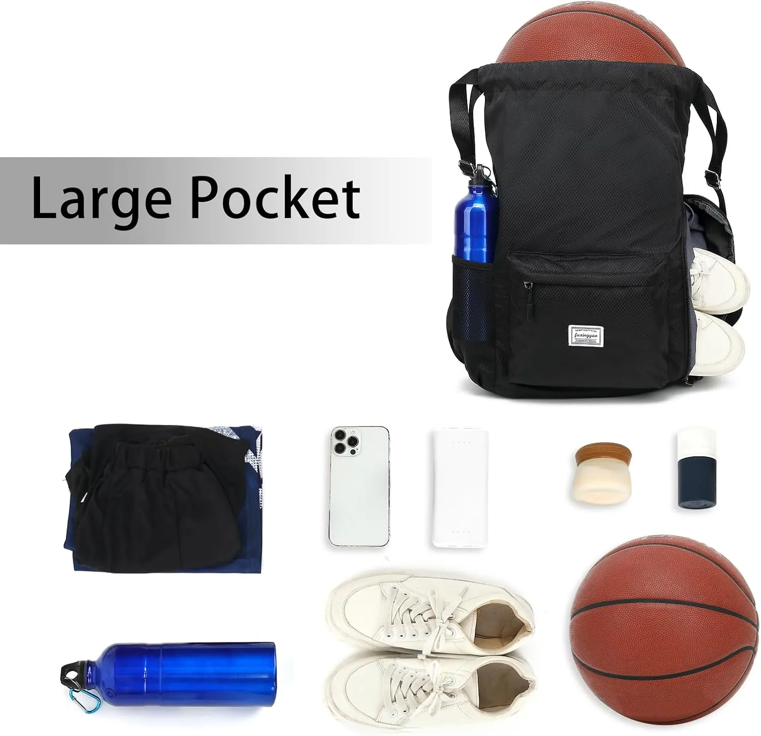 FUXINGYAO Drawstring Backpack Sports Gym Bag with Shoes Compartment, String Backpack Cinch for Women Men (Black)