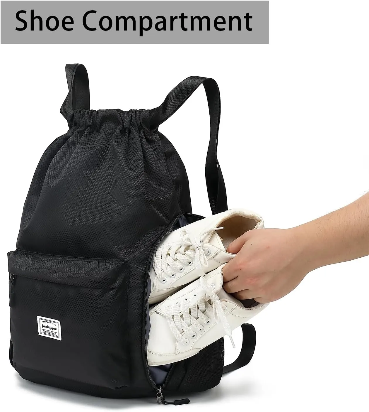 FUXINGYAO Drawstring Backpack Sports Gym Bag with Shoes Compartment, String Backpack Cinch for Women Men (Black)