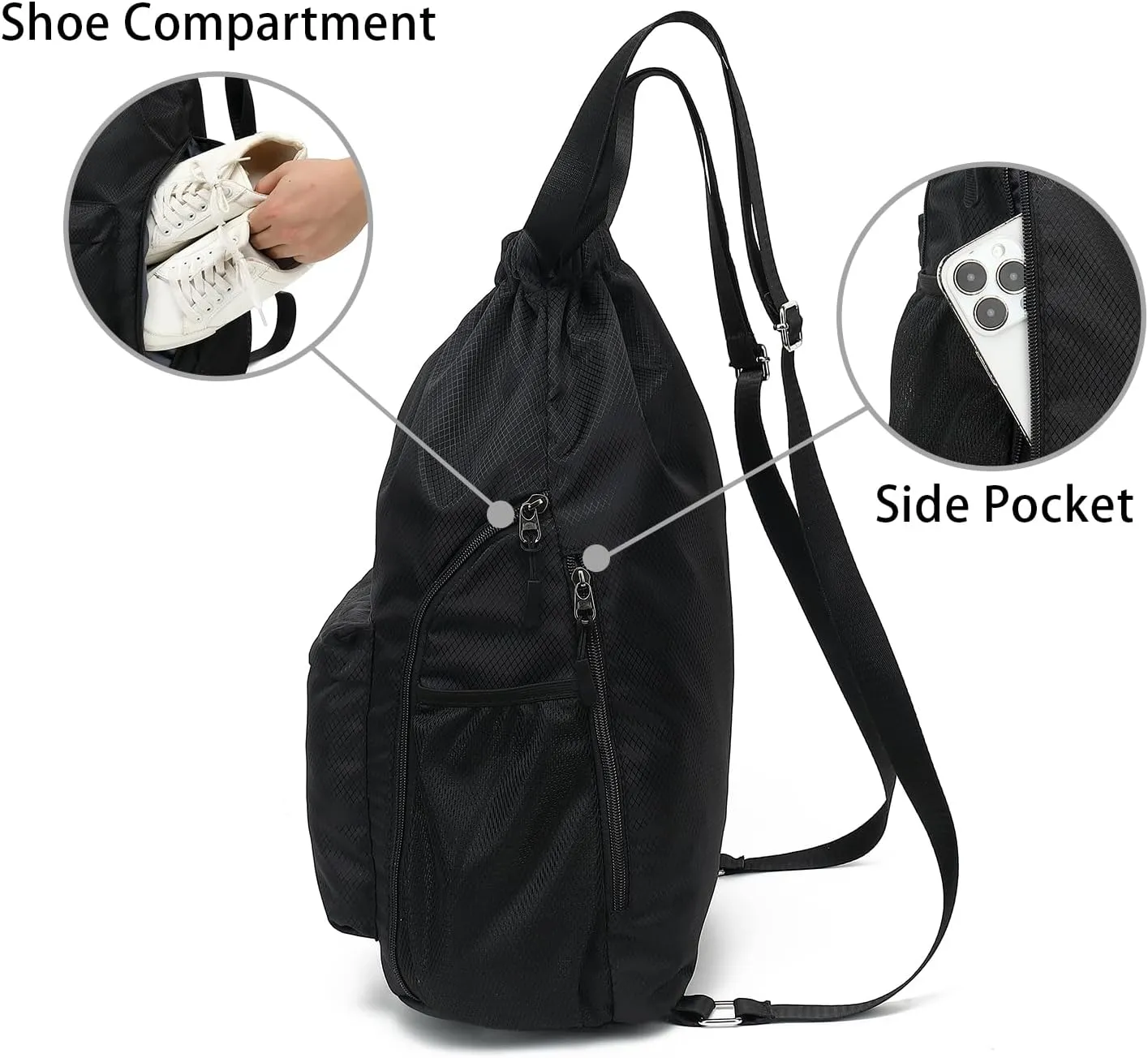 FUXINGYAO Drawstring Backpack Sports Gym Bag with Shoes Compartment, String Backpack Cinch for Women Men (Black)
