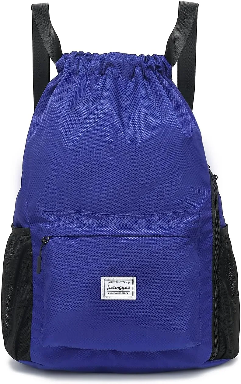 FUXINGYAO Drawstring Backpack Sports Gym Bag with Shoes Compartment, String Backpack Cinch for Women Men (Blue)