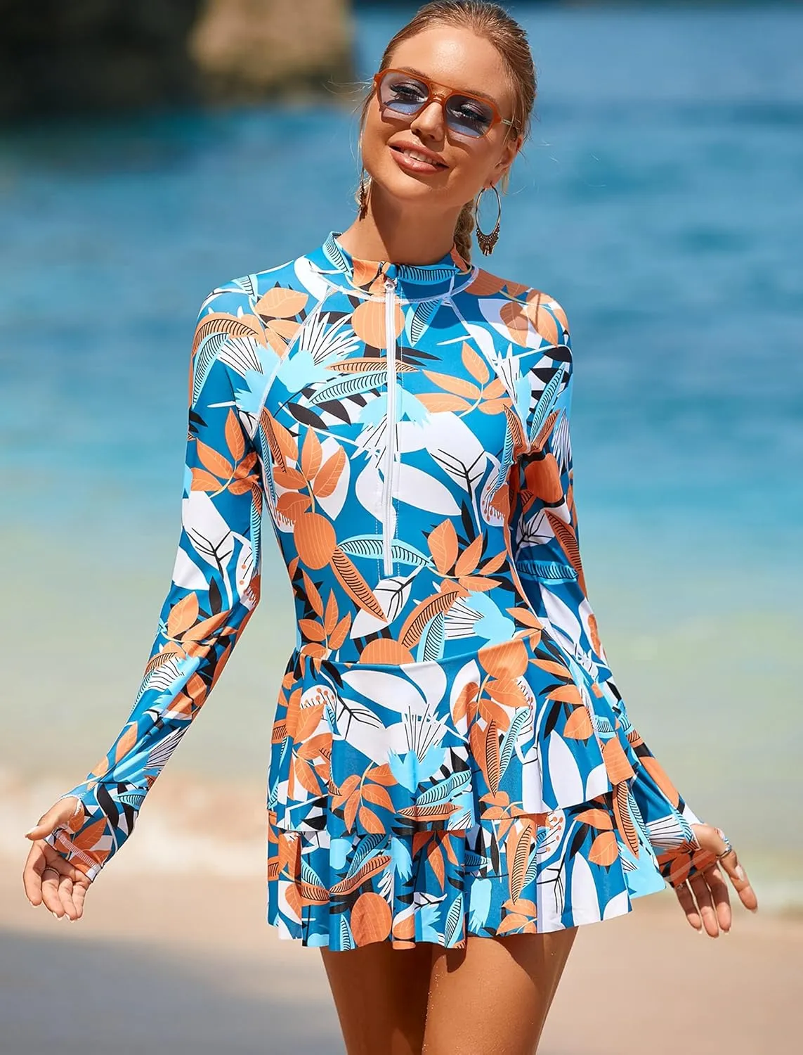 FYMNSI Women's Modest Rash Guard One Piece Swimsuit Zipper Long Sleeve Swim Dress with Shorts Bathing Suit Athletic Swimskirt