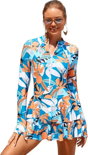 FYMNSI Women's Modest Rash Guard One Piece Swimsuit Zipper Long Sleeve Swim Dress with Shorts Bathing Suit Athletic Swimskirt