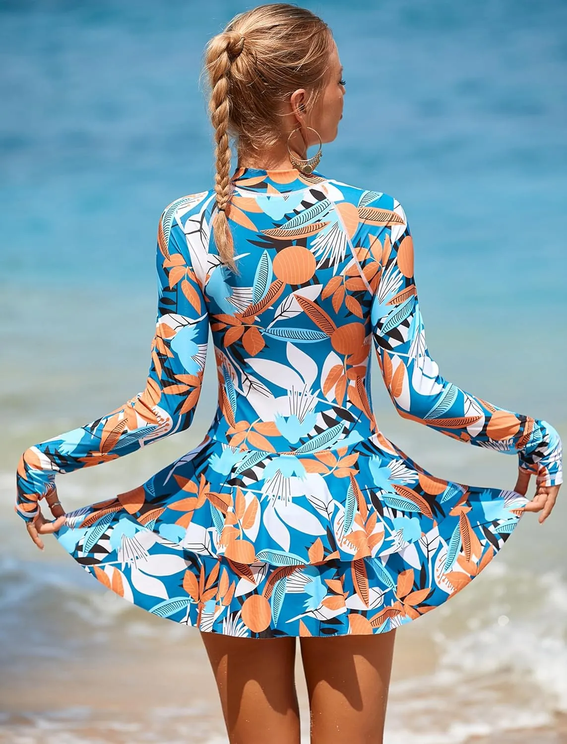 FYMNSI Women's Modest Rash Guard One Piece Swimsuit Zipper Long Sleeve Swim Dress with Shorts Bathing Suit Athletic Swimskirt