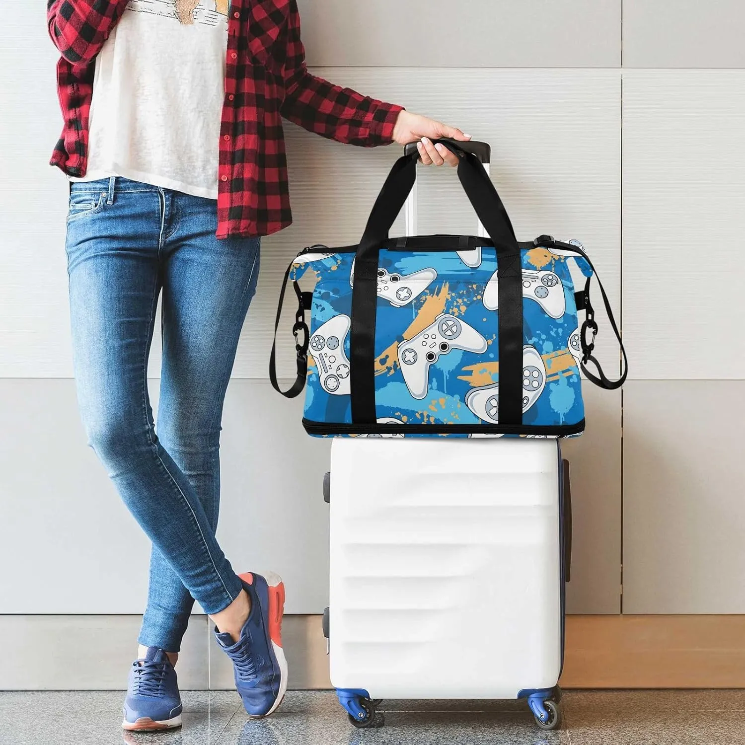Gamer Game Controller Traveling Bag for Women Waterproof Gym Bags for Women, under the Seat Carry on Bag with Shoes Compartment