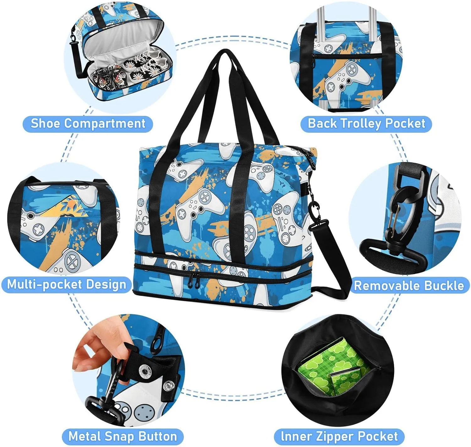 Gamer Game Controller Traveling Bag for Women Waterproof Gym Bags for Women, under the Seat Carry on Bag with Shoes Compartment