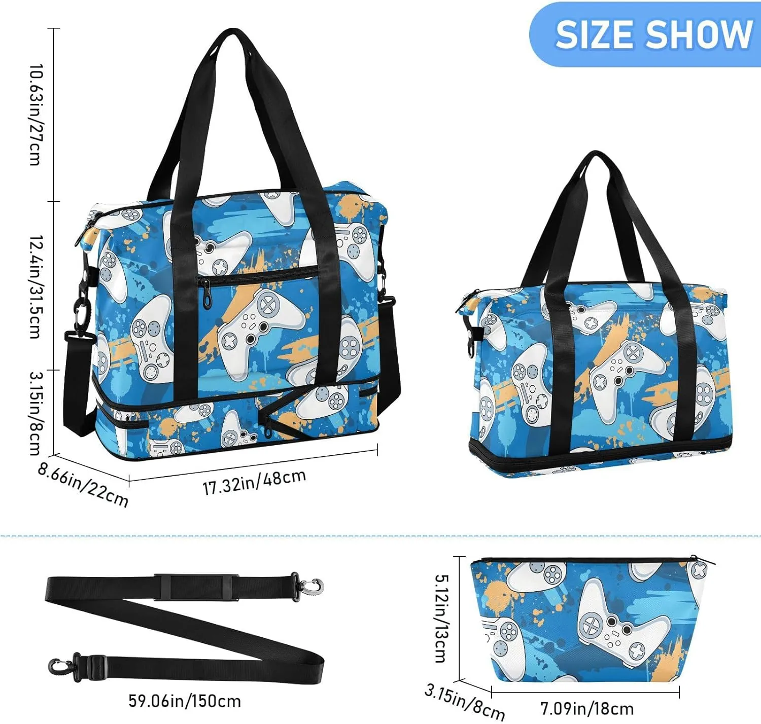 Gamer Game Controller Traveling Bag for Women Waterproof Gym Bags for Women, under the Seat Carry on Bag with Shoes Compartment