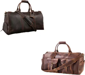 Genuine Leather Convertible Garment Bag with Shoes Compartment Full Grain Leather Carry on Duffle Bag for Men Women Weekender Hanging Business Suitcase