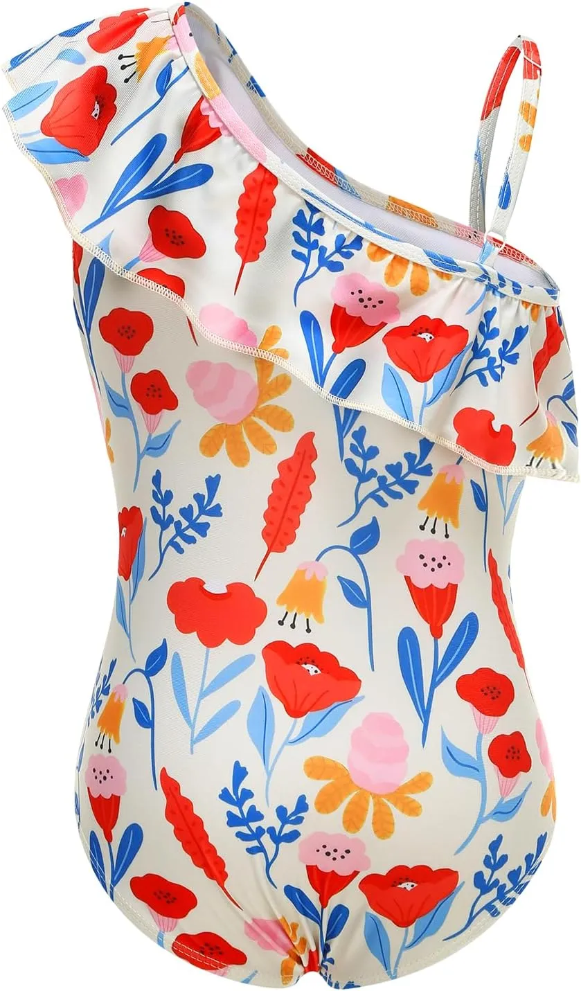 Girls One Piece Swimsuits One Shoulder Ruffle Bathing Suit Swimwear for Summer Hawaiian