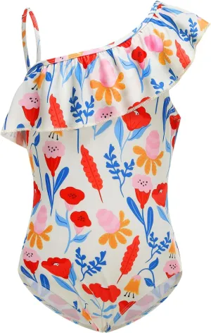 Girls One Piece Swimsuits One Shoulder Ruffle Bathing Suit Swimwear for Summer Hawaiian