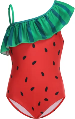 Girls One Piece Swimsuits One Shoulder Ruffle Bathing Suit Swimwear for Summer Hawaiian