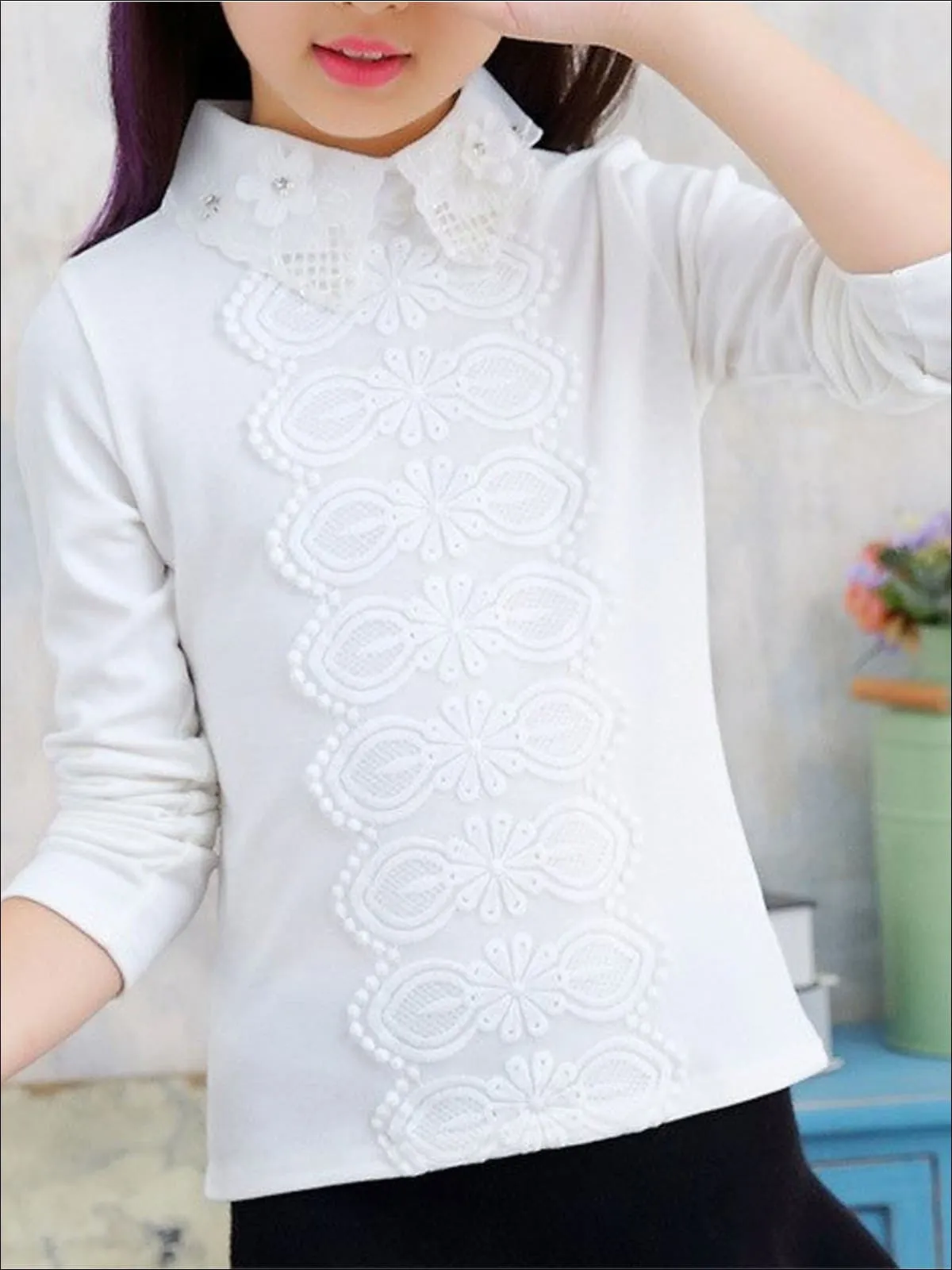 Girls Preppy Floral Lace Applique Long Sleeve Top
