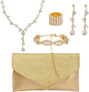 Gold Clutch Purses Prom Accessories Crystal Rhinestone Jewelry Set for Women Bride Wedding Evening Party