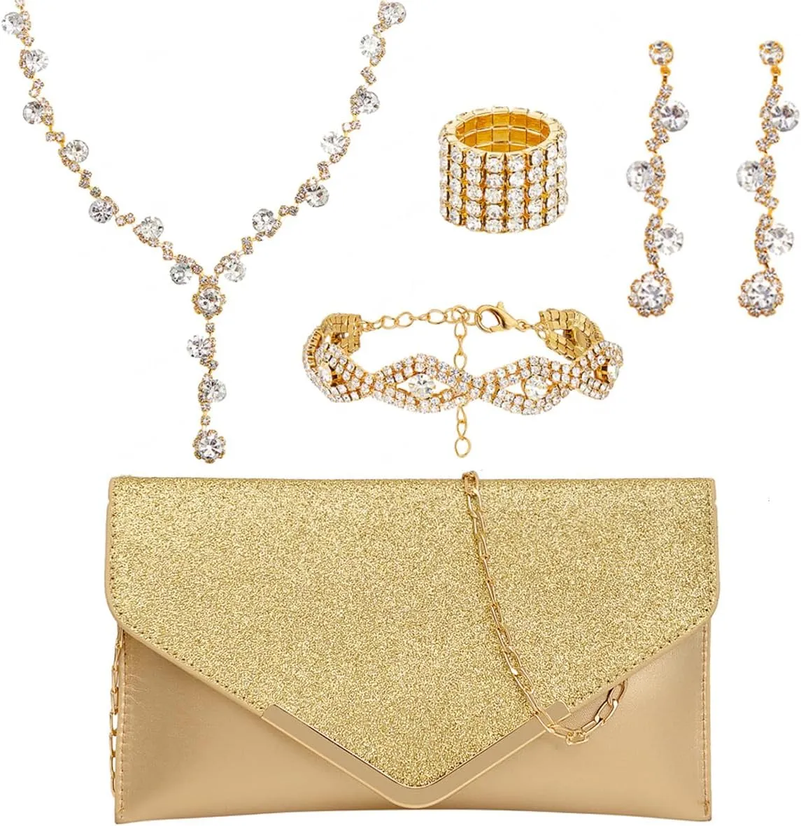 Gold Clutch Purses Prom Accessories Crystal Rhinestone Jewelry Set for Women Bride Wedding Evening Party