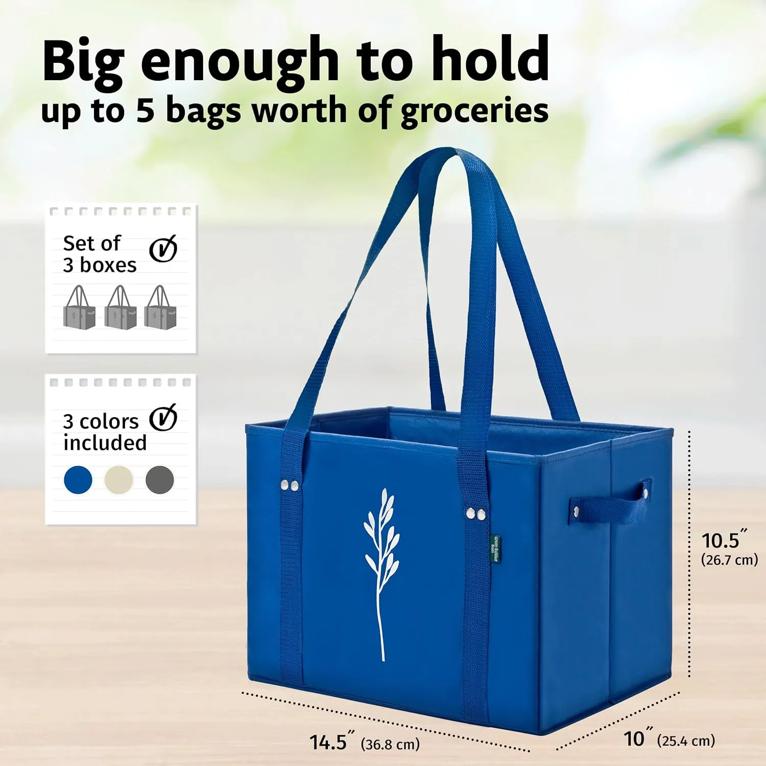 Green Bulldog Reusable Grocery Bags - Heavy Duty Reusable Shopping Tote Bags W/Long Handles, Foldable & Collapsible, Holds Up to 65 lbs - for Kitchen, Picnic 3 Pack