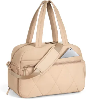 Gym Bag for Women, Puffer Travel Duffle Bag With Shoes Compartment & Wet Pocket, Carry On Tote Bag For Weekender, Overnight, Sport (Camel)