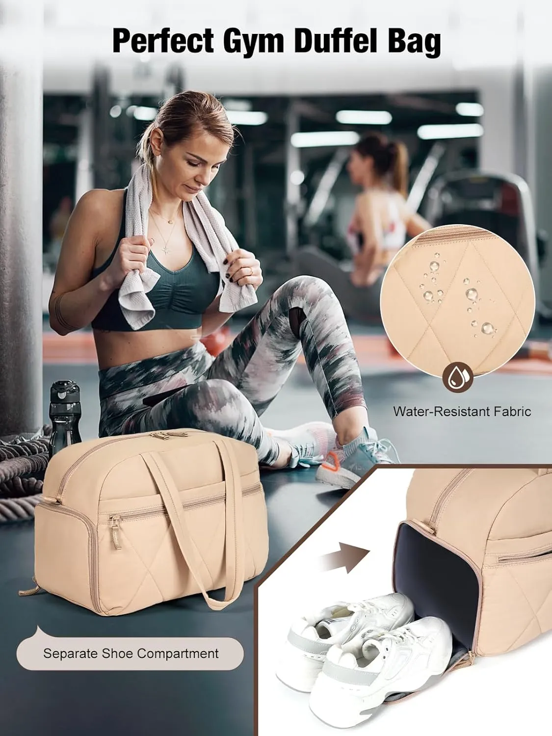 Gym Bag for Women, Puffer Travel Duffle Bag With Shoes Compartment & Wet Pocket, Carry On Tote Bag For Weekender, Overnight, Sport (Camel)