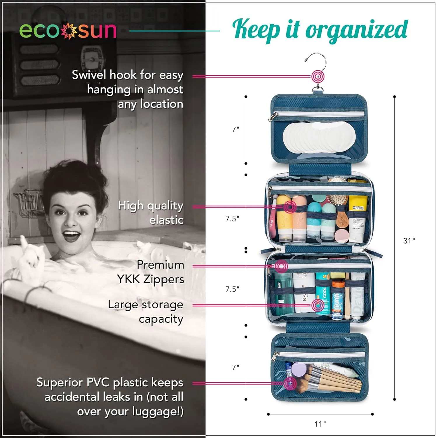Hanging Travel Toiletry Bag  Designed in Hawaii  Water-resistant Travel Organizer for Bathroom Accessories