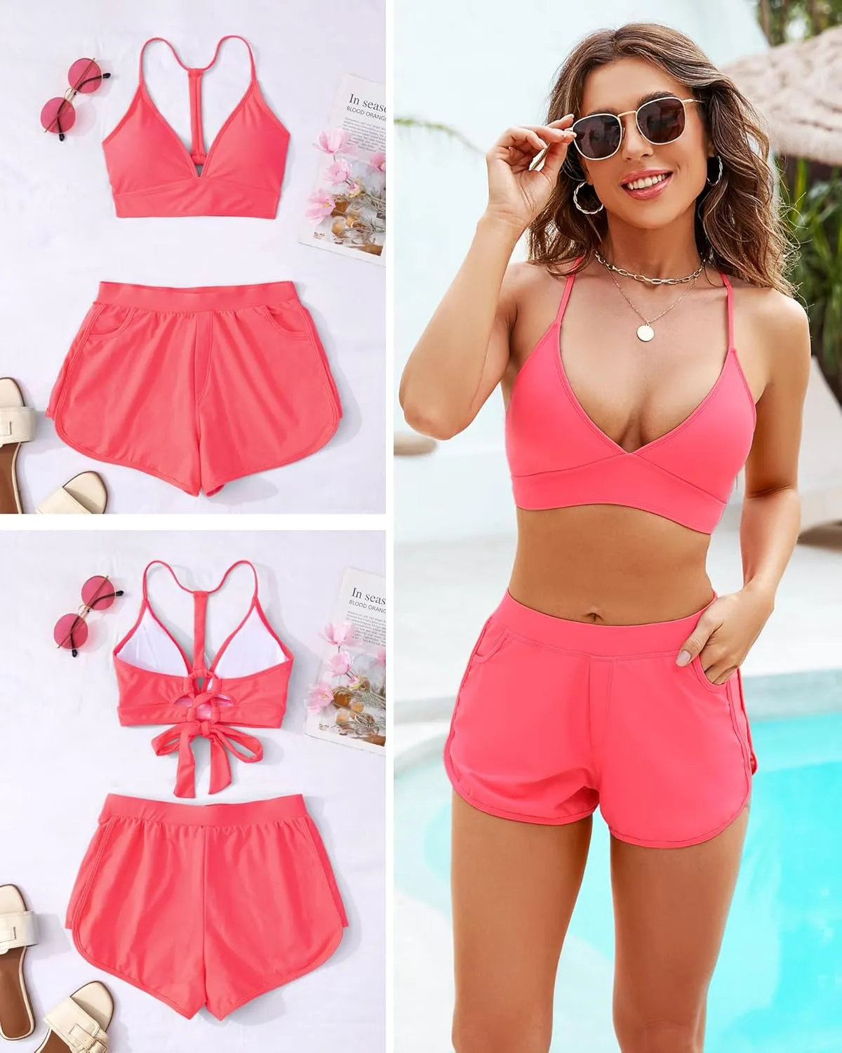 High Waitsed Bikini Sets for Women Two Piece Swimsuit Tummy Control Bathing Suit Shorts V Neck Top Lace Up