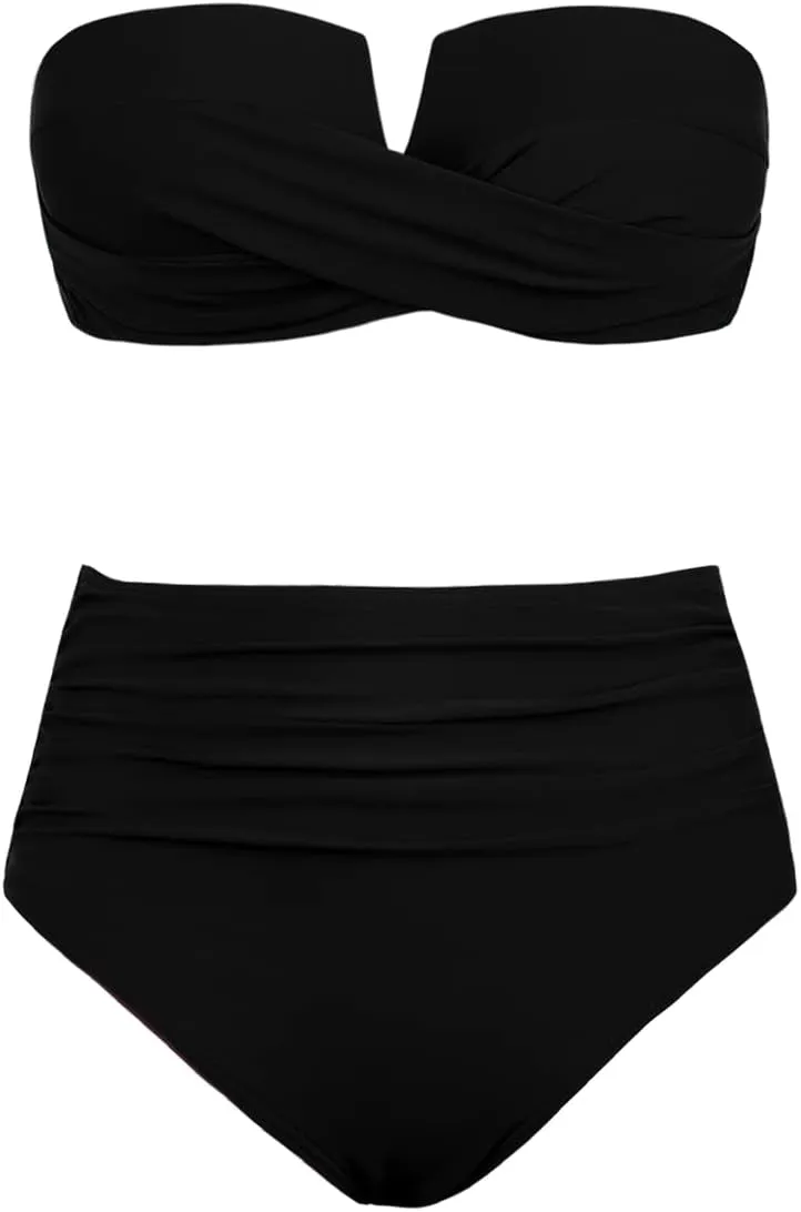 Hilor Bandeau Two Piece Bathing Suits for Women with Strap Retro High Waisted Swimsuits Sexy Push Up Bikini Swimwear