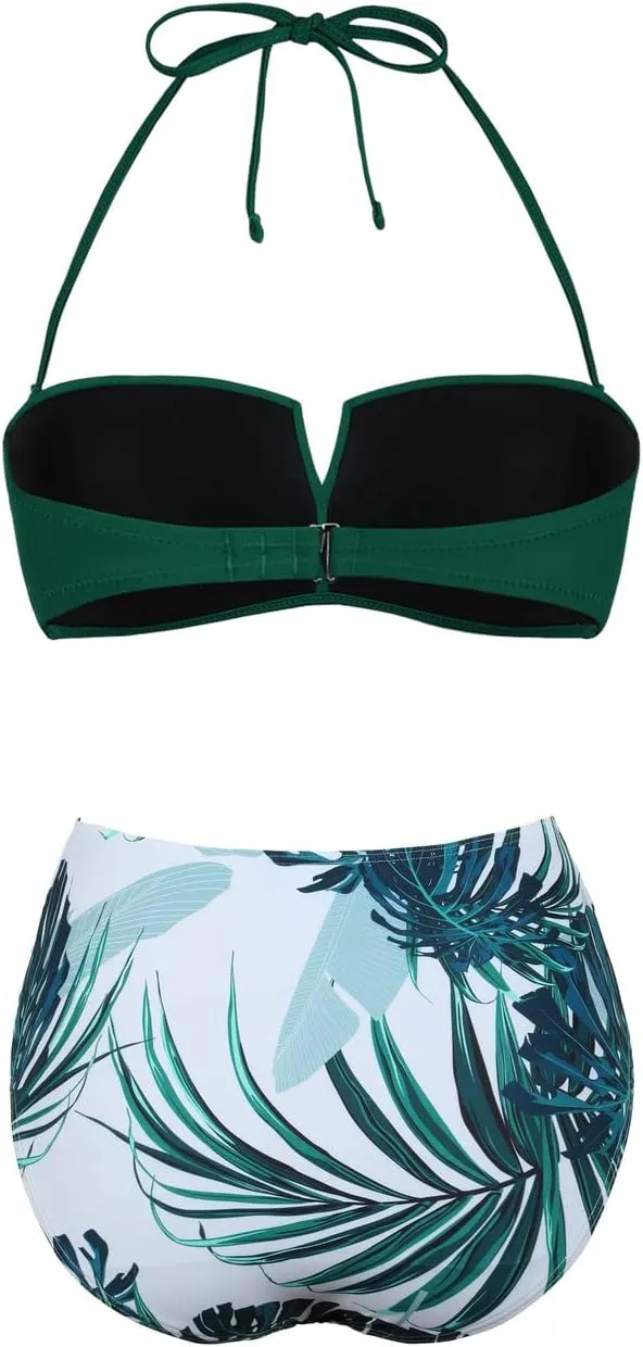 Hilor Bandeau Two Piece Bathing Suits for Women with Strap Retro High Waisted Swimsuits Sexy Push Up Bikini Swimwear