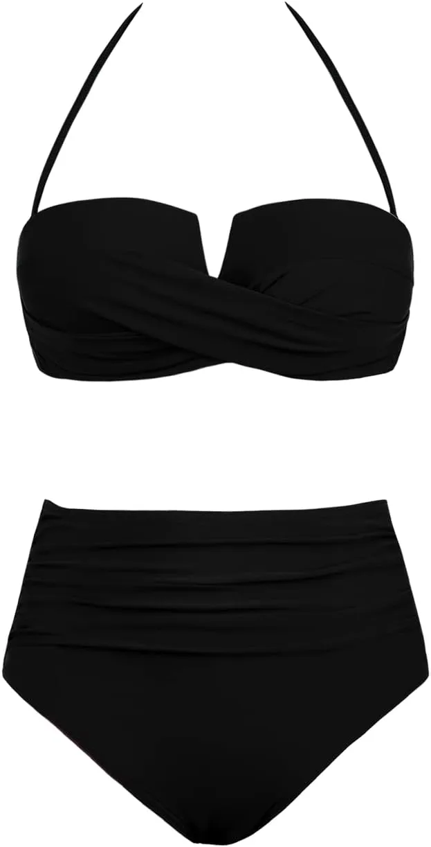 Hilor Bandeau Two Piece Bathing Suits for Women with Strap Retro High Waisted Swimsuits Sexy Push Up Bikini Swimwear