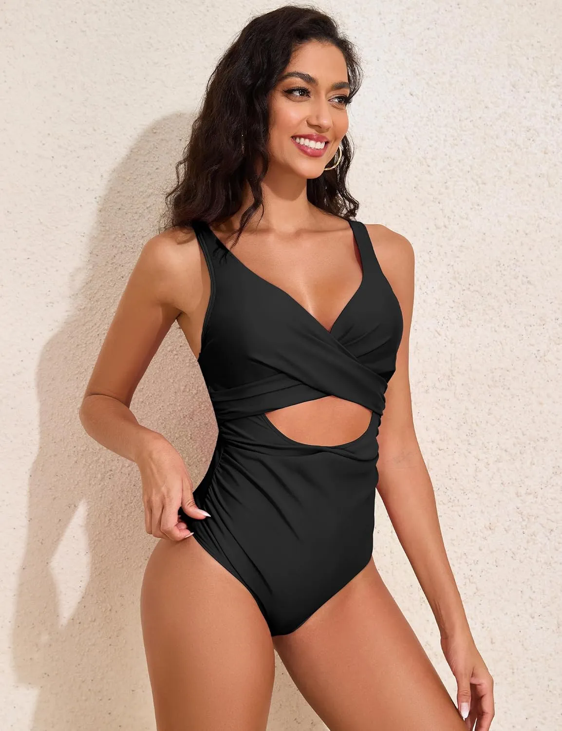 Hilor Women's Underwire One Piece Swimsuits Cross V Neck Swimwear Sexy Cut Out Bathing Suit Monokinis