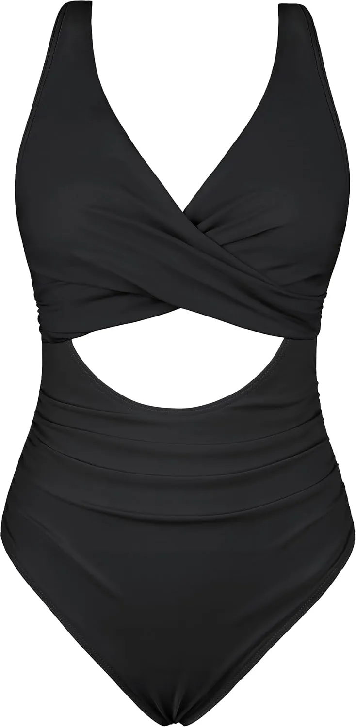 Hilor Women's Underwire One Piece Swimsuits Cross V Neck Swimwear Sexy Cut Out Bathing Suit Monokinis
