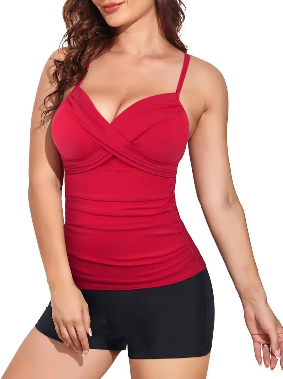 Hilor Women's Underwire Tankini Bathing Suits V Neck Twist Swimsuit Top with Shorts Two Piece Tummy Control Swimwear