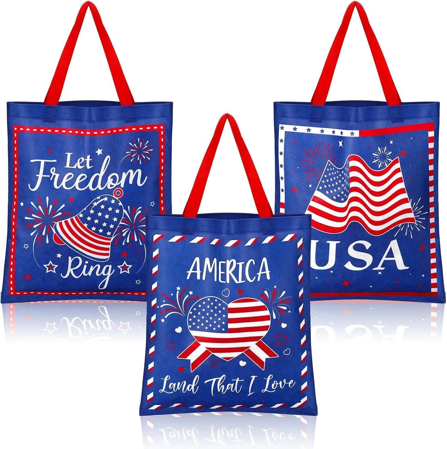 Hosuly 15 Pcs Patriotic Tote Bags, 4th of July 15 x 17 Inch Extra Large Non Woven Bags with Handle USA Tote for Memorial Day Independence Day Patriotic Party Favor Supplies, 3 Styles