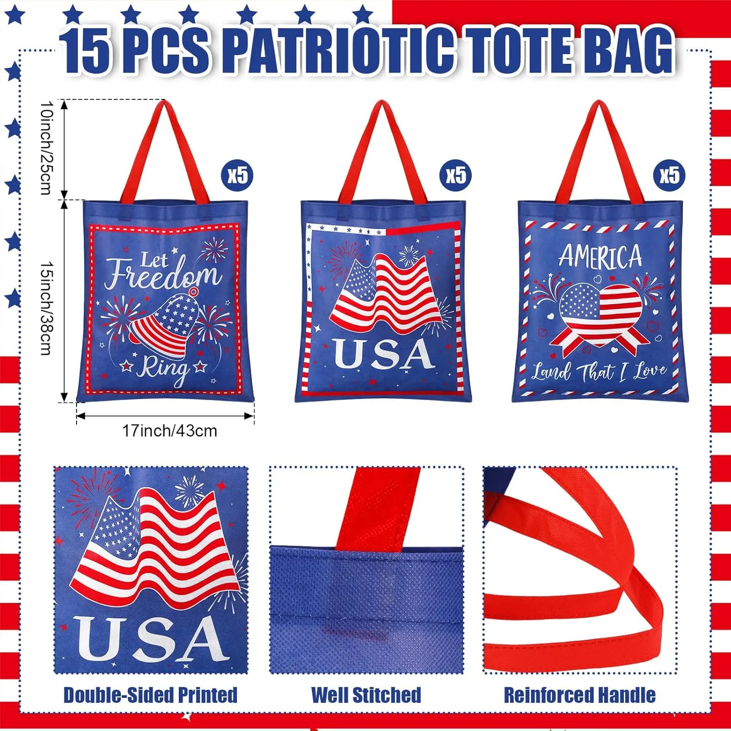 Hosuly 15 Pcs Patriotic Tote Bags, 4th of July 15 x 17 Inch Extra Large Non Woven Bags with Handle USA Tote for Memorial Day Independence Day Patriotic Party Favor Supplies, 3 Styles