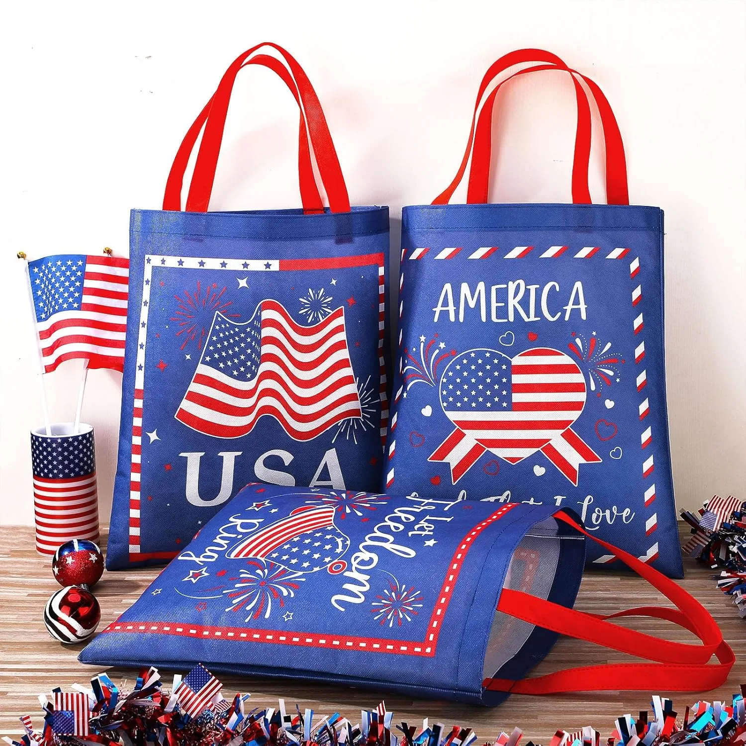 Hosuly 15 Pcs Patriotic Tote Bags, 4th of July 15 x 17 Inch Extra Large Non Woven Bags with Handle USA Tote for Memorial Day Independence Day Patriotic Party Favor Supplies, 3 Styles