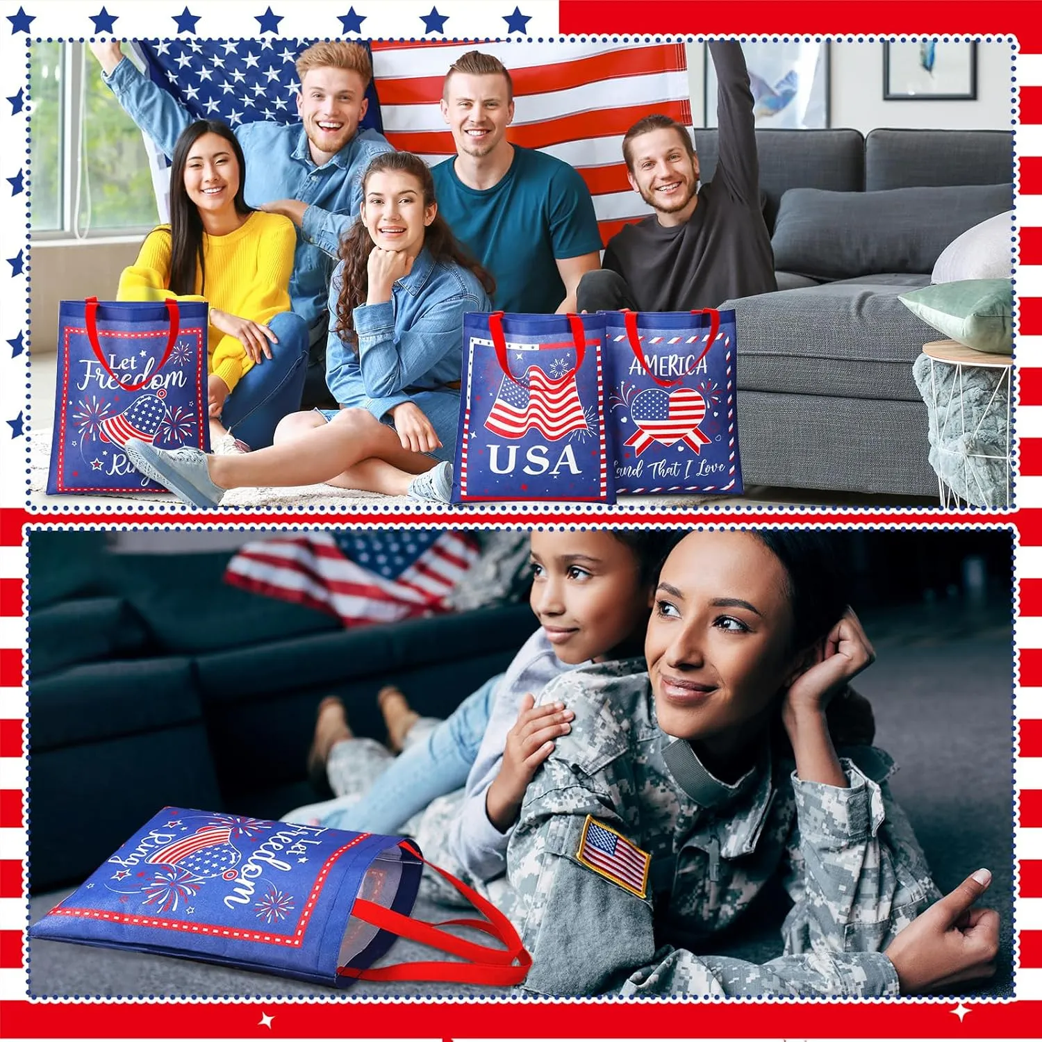 Hosuly 15 Pcs Patriotic Tote Bags, 4th of July 15 x 17 Inch Extra Large Non Woven Bags with Handle USA Tote for Memorial Day Independence Day Patriotic Party Favor Supplies, 3 Styles