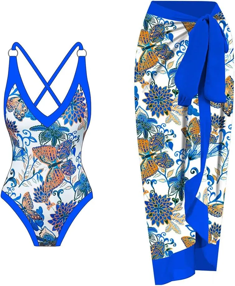 IBTOM CASTLE Women One Piece Swimsuit with Long Cover up Wrap Skirt Two Piece Bathing Suit Retro Monokini Summer Beach Outfit