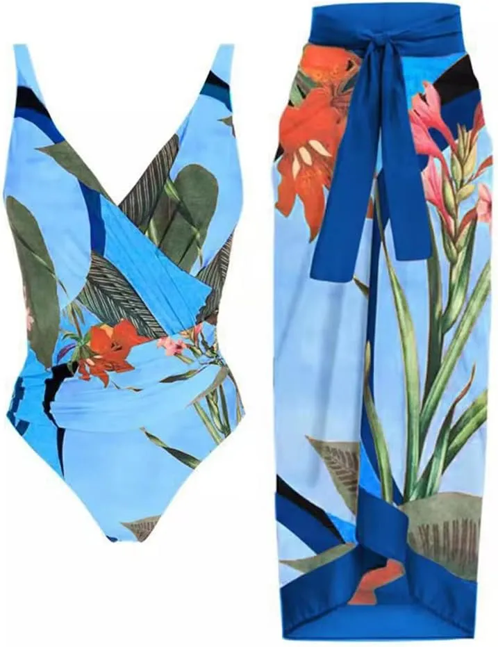 IBTOM CASTLE Women One Piece Swimsuit with Long Cover up Wrap Skirt Two Piece Bathing Suit Retro Monokini Summer Beach Outfit