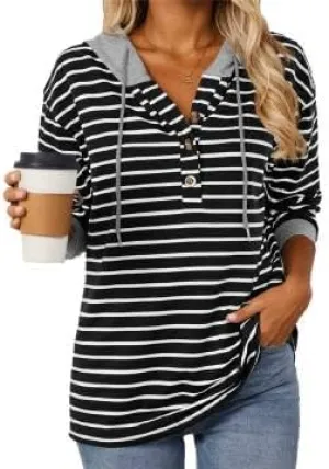 IVERIRMIN Women's Oversized Striped Button-up Hoodies Drawstring Hooded Sweatshirt Long Sleeve Shirts Pullover Tops for Women