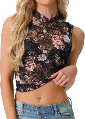 IWOLLENCE Women's Lace Cropped Tank Tops Mock Neck Sleeveless Ruched Side Sheer Shirts Slim Fit