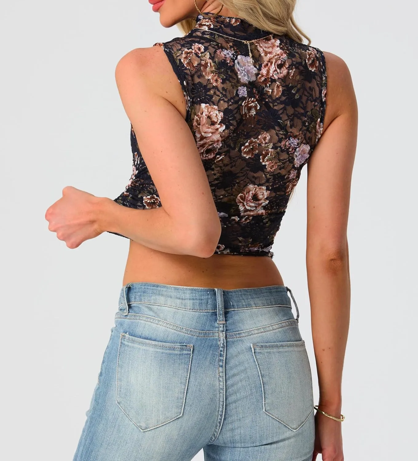 IWOLLENCE Women's Lace Cropped Tank Tops Mock Neck Sleeveless Ruched Side Sheer Shirts Slim Fit