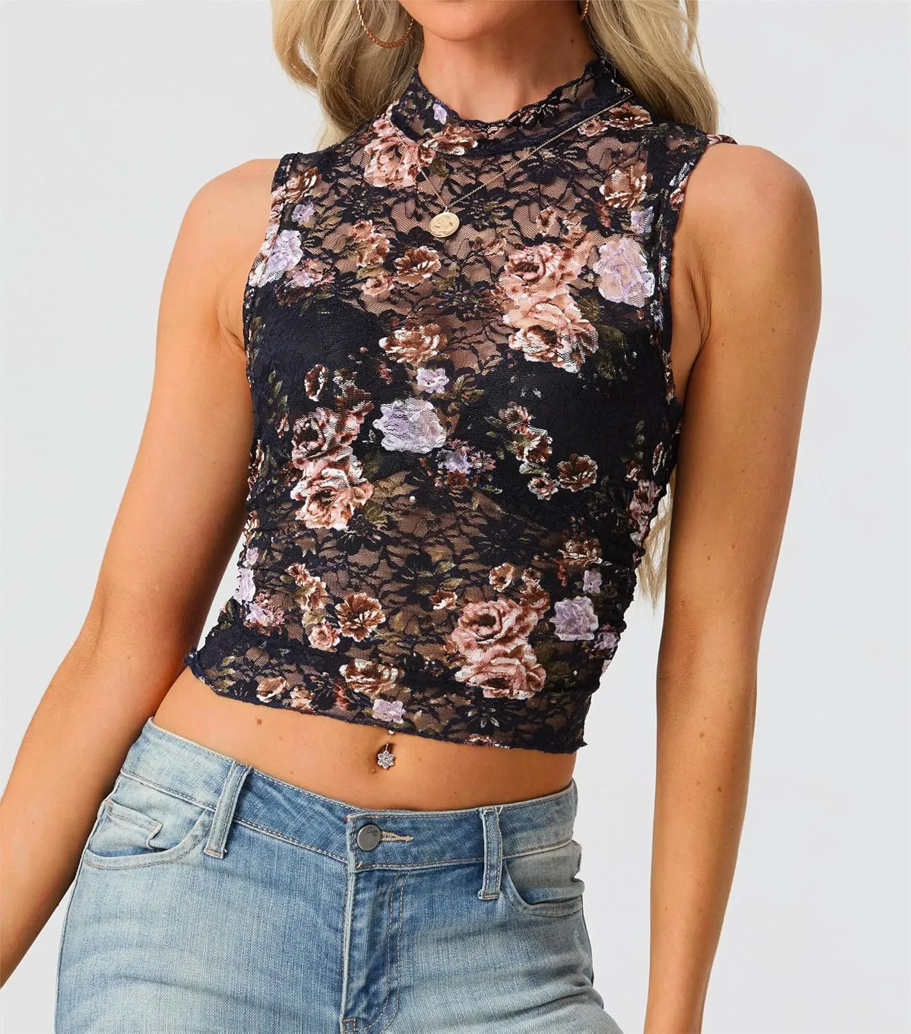 IWOLLENCE Women's Lace Cropped Tank Tops Mock Neck Sleeveless Ruched Side Sheer Shirts Slim Fit