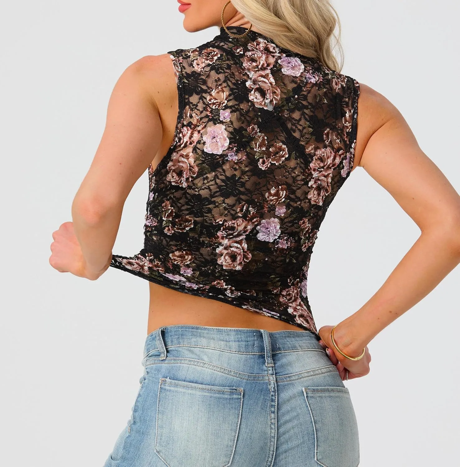 IWOLLENCE Women's Lace Cropped Tank Tops Mock Neck Sleeveless Ruched Side Sheer Shirts Slim Fit