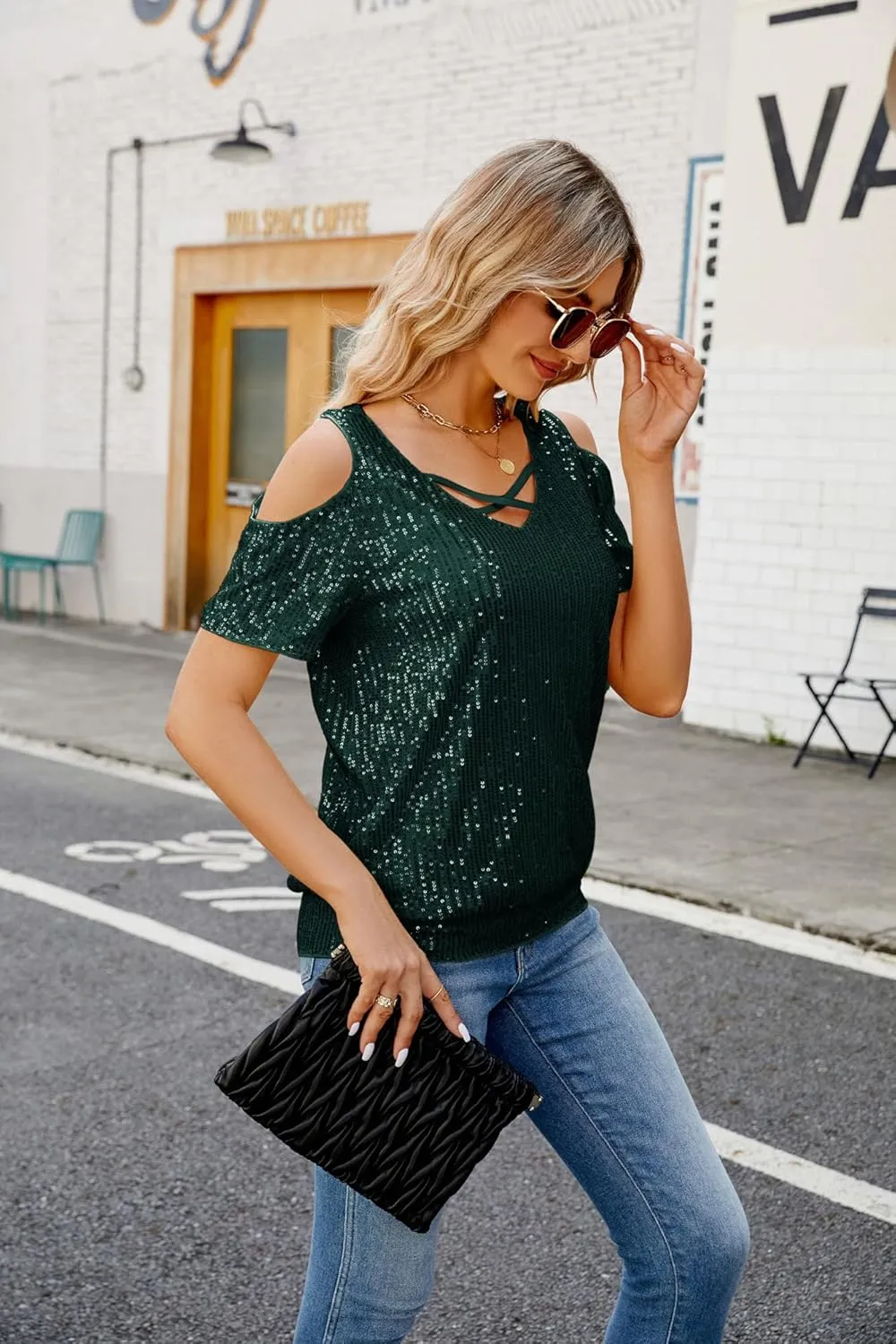 JASAMBAC Women's Sparkle Sequin Tops Shimmer Glitter Loose Cold Shoulder Party Tunic Batwing Dolman Dressy Tops